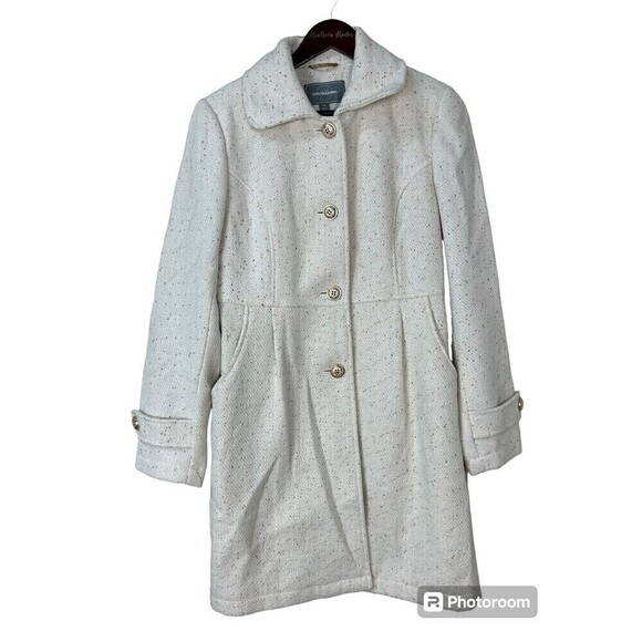Johnston Murphy Women Sz M Cream Gold Flecked Tweed Walker Pea Coat Wool Jacket